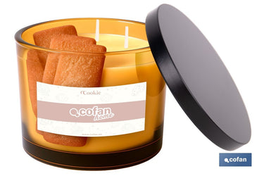 Cofan – Vela Aromática Cookie con 3 Mechas | Cera de Soja Natural | Aroma Canela Napolitana | Vaso Decorativo Ámbar | Duración 35h
